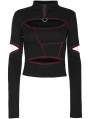Black and Red Gothic Punk Daily Hollow Out Long Sleeve T-Shirt for Women
