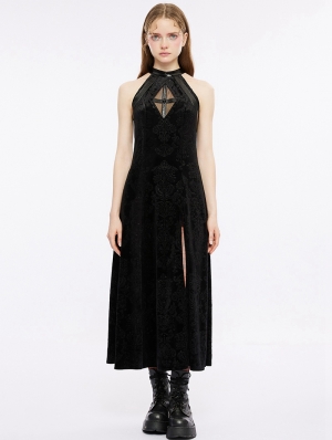 Black Sexy Gothic Velvet Cross Sleeveless High Slit Halter Long Dress