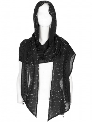 Black Gothic Starry Print Hooded Scarf for Women