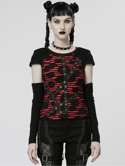 Women's Black and Red Gothic Punk Knitted T-Shirt with Removable Sleeves