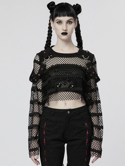 Black Fashion Gothic Punk Loose Short Mesh T-Shirt for Women