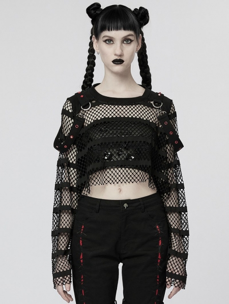 Black Fashion Gothic Punk Loose Short Mesh T-Shirt for Women ...