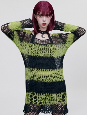 Black and Green Gothic Grunge Stripe Decayed Pullover Sweater for Women