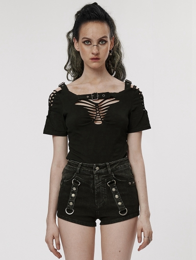 Black Gothic Punk Sexy Hollow-out Short Sleeve T-Shirt for Women