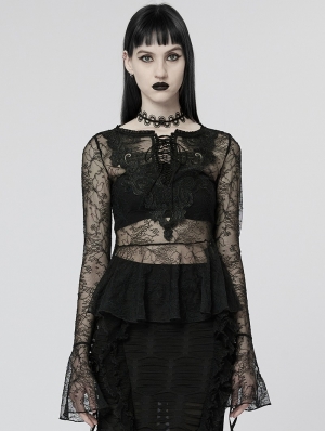 Black Gothic Transparent Lace Long Trumpet Sleeve T-Shirt for Women