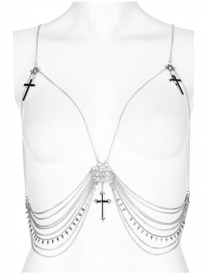 Silver Gothic Skull Cross Pendant Chain Body Harness Accessory