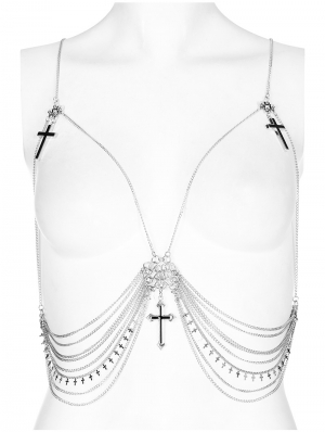 Silver Gothic Skull Cross Pendant Chain Body Harness Accessory