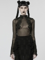 Black Gothic Feather Lace Mesh Long Sleeve Top for Women