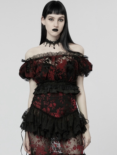 Black and Red Gothic Sexy Flocking Mesh Lace Trim Short Top for Women