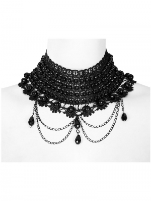 Black Gothic Gorgeous Lace Layered Chain Pendant Choker