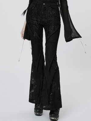 Black Gothic Lace Mesh Long Flared Pants for Women