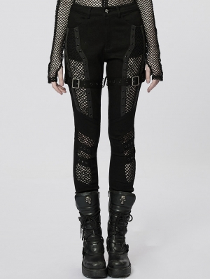 Black Gothic Punk Sexy Hollow Mesh Long Tight Pants for Women