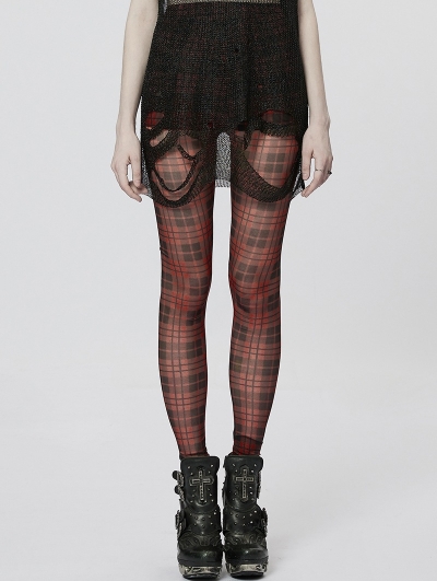 Black and Red Plaid Gothic Grunge Mesh Leggings for Women