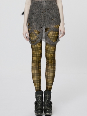 Black and Yellow Plaid Gothic Grunge Mesh Leggings for Women