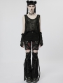 Women's Black and Red Gothic Punk Grunge Denim Flared Trousers with Detachable Leg Covers