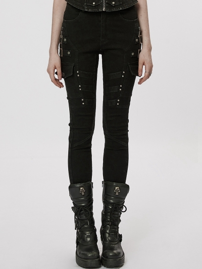 Black Gothic Punk Daily Wear Long Tight Jeans for Women