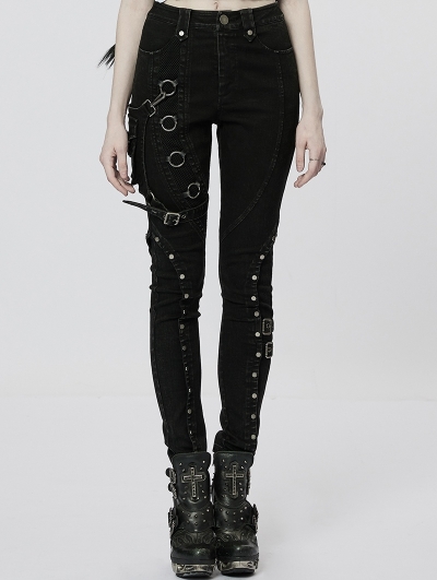 Women's Black Gothic Punk Denim Long Pants with Detachable Leg Bag