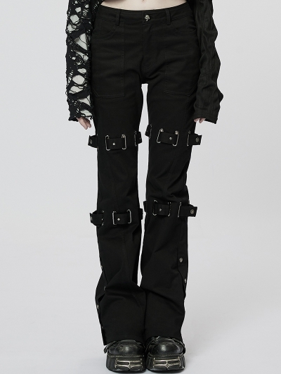 Women's Black Gothic Punk Grunge Long Flared Pants with Detachable Loops