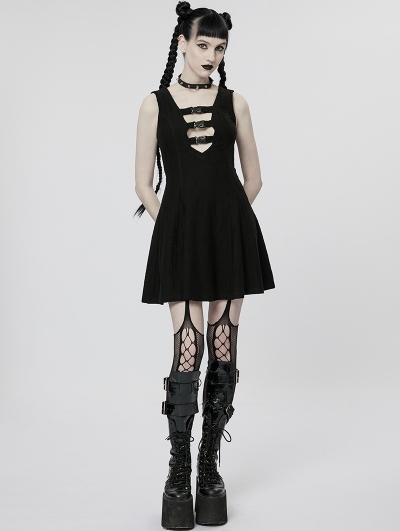 Black Gothic Cyber Sexy Sleeveless Short  A-Line Dress
