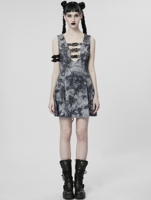 Grey Print Gothic Cyber Sexy Sleeveless Short A-Line Dress