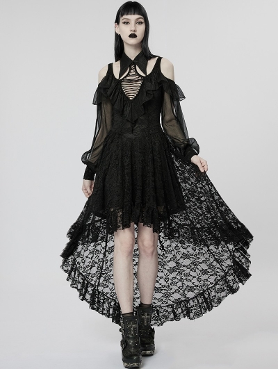 Black Gothic Sexy Off-the-Shoulder Long Sleeve Lace High-Low Dress