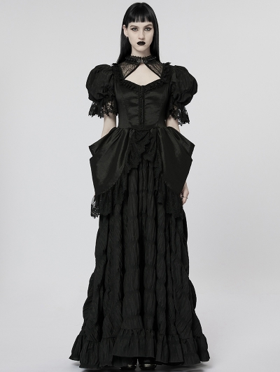 Black Gothic Gorgeous Embroidered Lace Puff Sleeve Long Victorian Party Dress