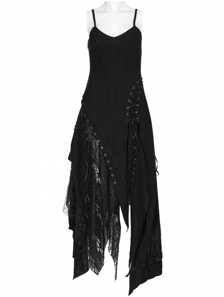 Black Gothic Punk Decadent Irregular Long Slip Dress - Devilnight.co.uk
