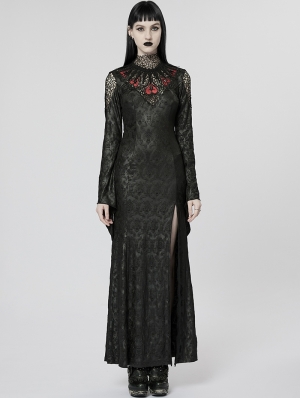 Black Gothic Sexy Elegant Long Sleeve Slit Party Dress