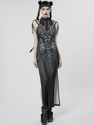 Black and Grey Gothic Printed Cyber Sexy Sleeveless Long Slim Dress