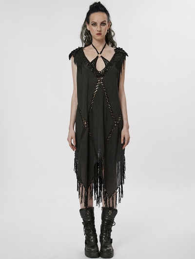 Black Gothic Witch V-neck Daily Wear Tassel Loose Dress