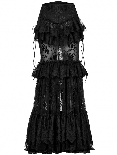 Black Gothic Perspective Gorgeous Lace Tiered Maxi Skirt - Devilnight.co.uk