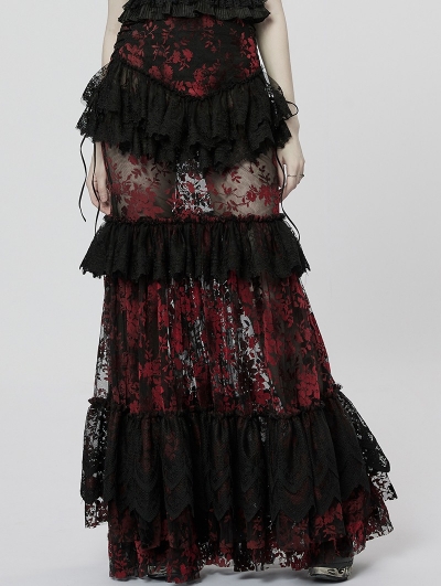Black and Red Gothic Perspective Gorgeous Lace Tiered Maxi Skirt