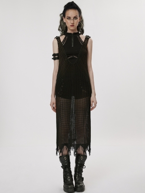 Black Gothic Post-Apocalyptic Techwear Style Knitted Hollow Out Dress