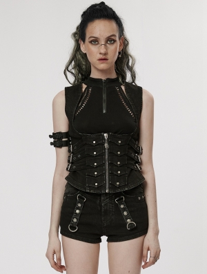 Black Gothic Punk Denim Underbust Vest for Women