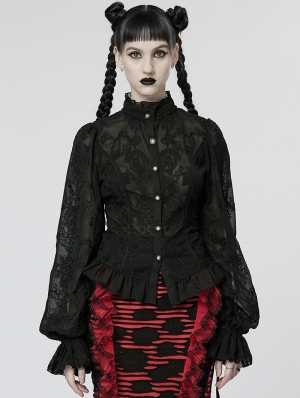 Black Gothic Chiffon Embroidered Flared Sleeve Perspective Blouse for Women