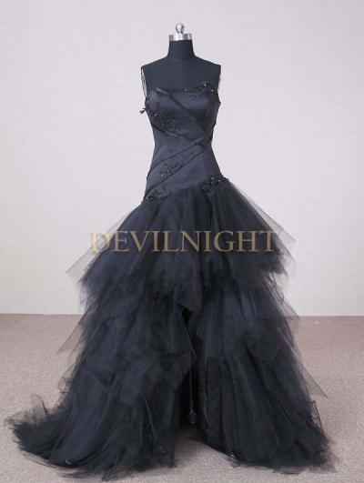 Black Strapless High-Low Gothic Wedding Dress