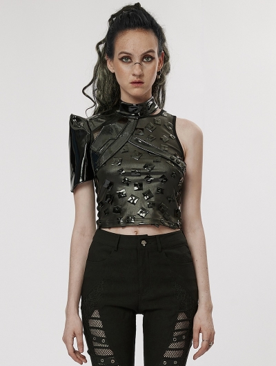 Black Gothic Cyberpunk Patent Leather One-Arm Jacket for Women