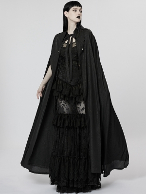 Black Gothic Printed Chiffon Lace Applique Lapel Long Cloak for Women