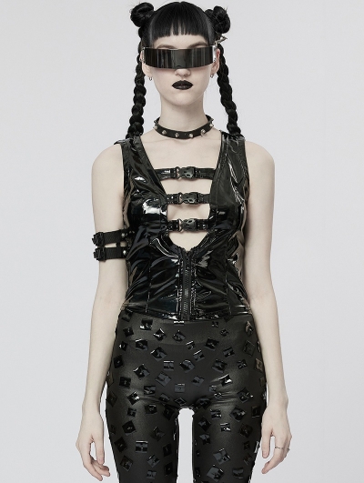 Black Gothic Punk Sexy Hollow Out Patent Leather Vest Top for Women
