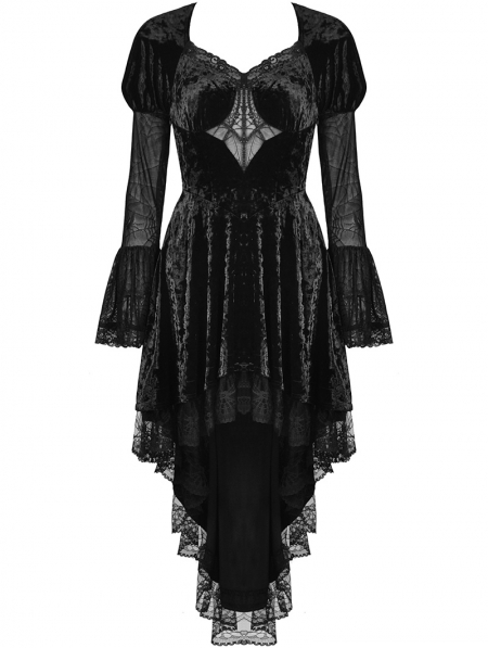 Black Gothic Spider Queen High-Low Velvet Party Dress - Devilnight.co.uk