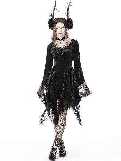 Black Gothic Dark Long Bell Sleeves Irregular Velvet Dress