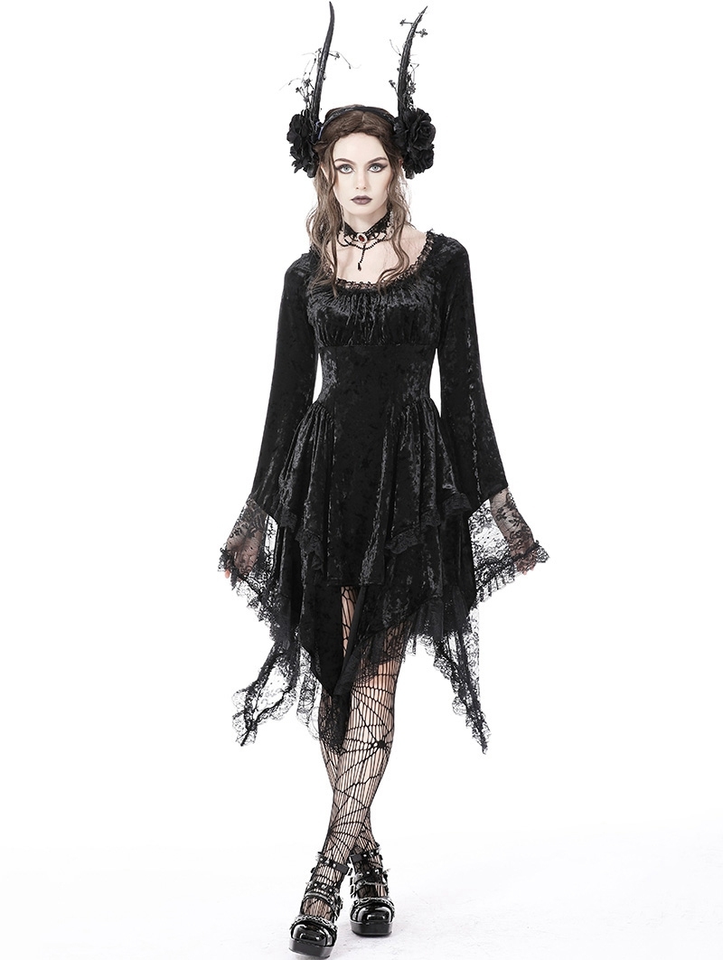 Black Gothic Dark Long Bell Sleeves Irregular Velvet Dress