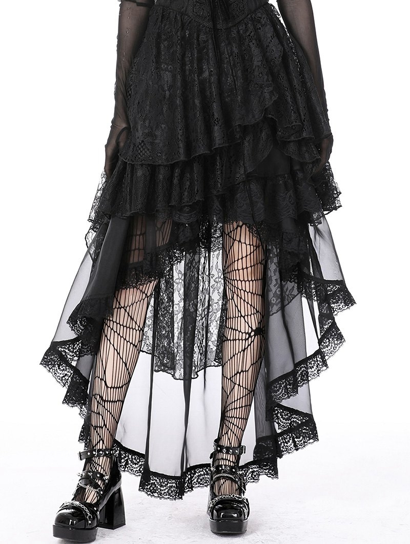 Black Gothic Chiffon Lace Trim High-Low Skirt