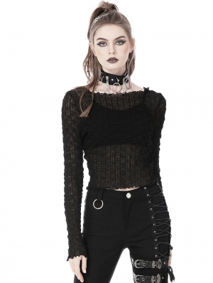 Black Gothic Sexy Mesh Daily Wear Long Sleeve Top for Women