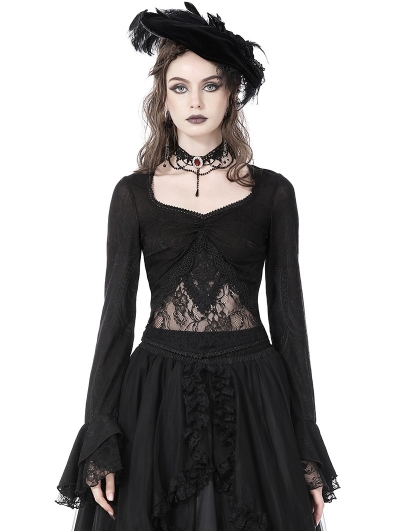 Black Romantic Gothic Lace Sexy Long Sleeve Top for Women