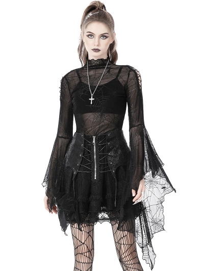Black Gothic Spider Mesh Exaggerated Sleeves Top for Women