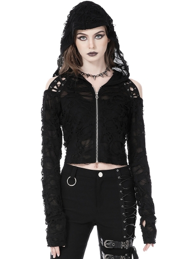 Black Gothic Punk Decadent Long Sleeve Hooded Top for Women