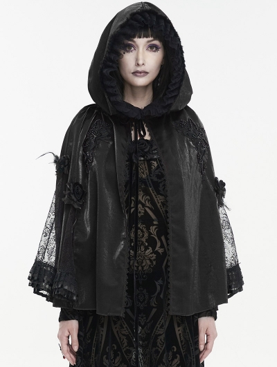 Black Gothic Feather Flower Short Hooded Cape for Women