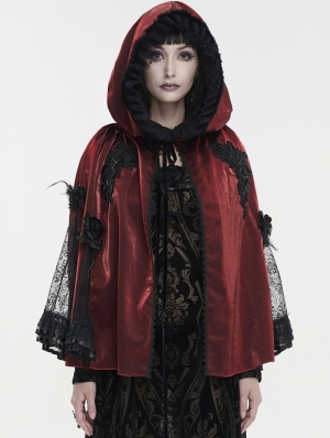 Red Gothic Feather Flower Short Hooded Cape for Women