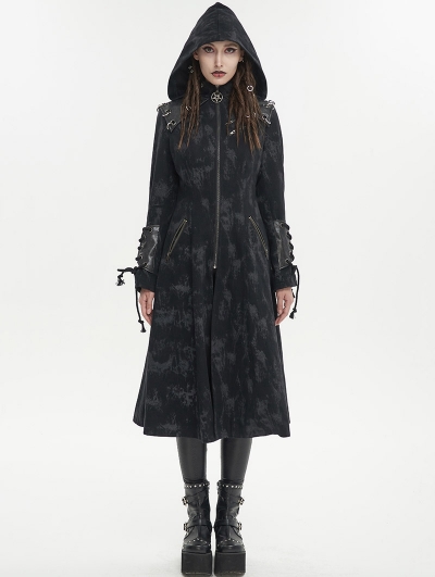 Black Gothic Punk Spliced Faux Leather Hooded Coat for Women